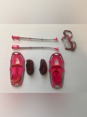 American Girl Doll Pink snowshoes set, poles, snow boots and matching goggles